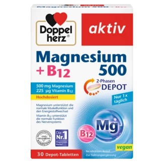 Abbildung der Produktverpackung Doppelherz aktiv Magnesium 500 + B12 Frontansicht